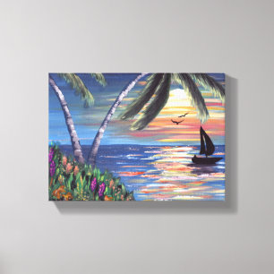 Toile Peinture d'océan de coucher du soleil de palmiers