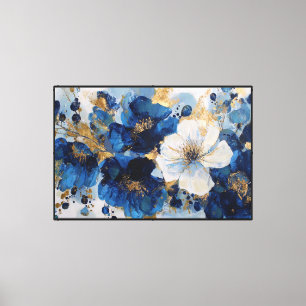 Toile Peinture florale bleu profond et or – Mur abstrait