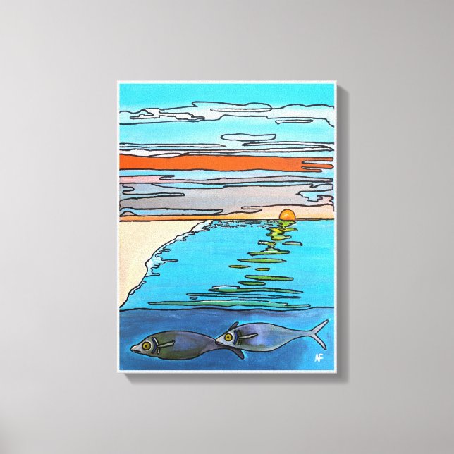 Toile Peinture Lever de soleil sur l'océan 8 bits par Al (Recto)