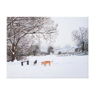 Toile peinture paysage de neige avec chiens