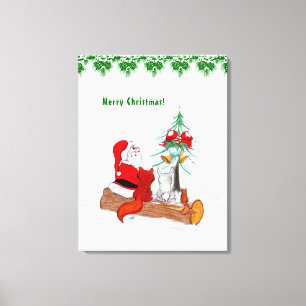 Toile Père Noël avec Renard de lapin et écureuil