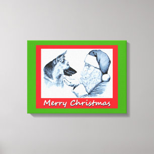 Toile Père Noël et berger allemand pour Noël