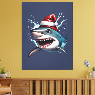 Toile Père Noël Jaws Christmas Shark Cartoon Art