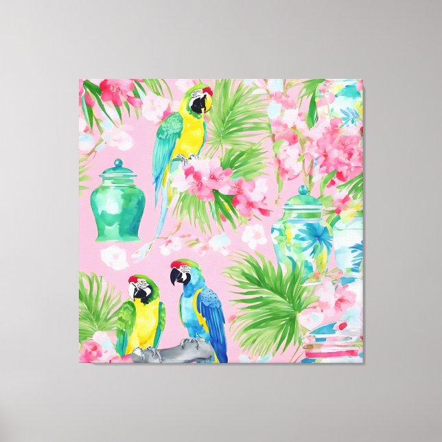 Toile Perroquets et pots de chinoiserie macaw sur rose t (Recto)