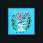 Toile Persian Magen David Menorah<br><div class="desc">Cette image a été adaptée à partir d'un carrelage juif perse antique et présente une menorah avec un Magen David (Étoile de David) encadré de branches d'olivier. Les imperfections de l'image originale peinte à la main ont été conservées. Ajoutez votre propre texte.</div>