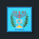 Toile Persian Magen David Menorah<br><div class="desc">Cette image a été adaptée à partir d'un carrelage juif perse antique et présente une menorah avec un Magen David (Étoile de David) encadré de branches d'olivier. Les imperfections de l'image originale peinte à la main ont été conservées. Ajoutez votre propre texte.</div>