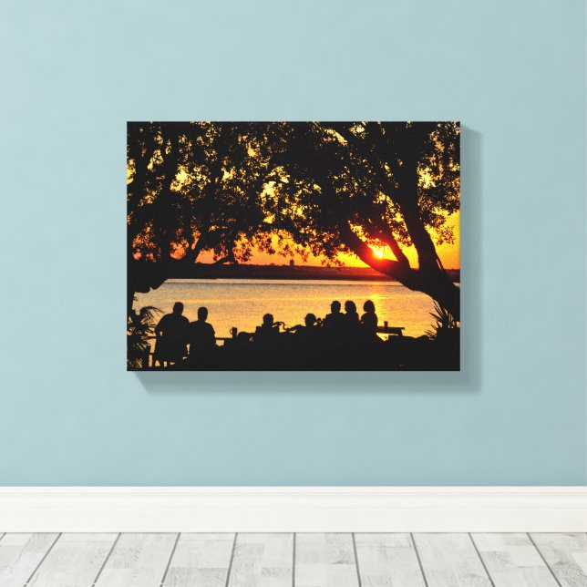 Toile Personnes au bord de la rivière au coucher du sole (Insitu (Plancher de Bois))