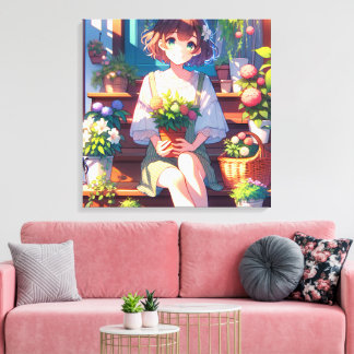 Toile Petite fille Anime tenant un Plante