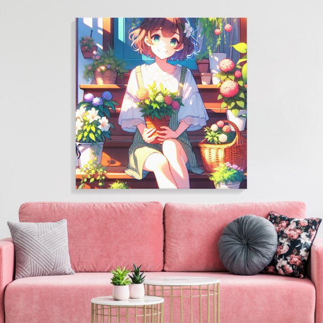 Toile Petite fille Anime tenant un Plante (Insitu(Salon))