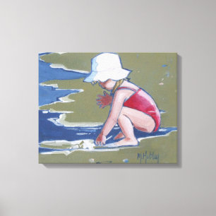 Toile Petite fille avec casquette sur la plage avec vagu