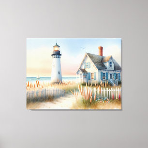 Toile Phare et cottage au bord de la mer, scène aquarell