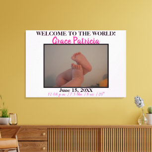 Toile Photo de Naissance Bébé Fille Rose Statistiques