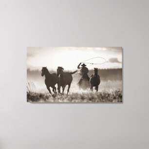 Toile Photo en noir et blanc d'un Cowboy Lassos Horses