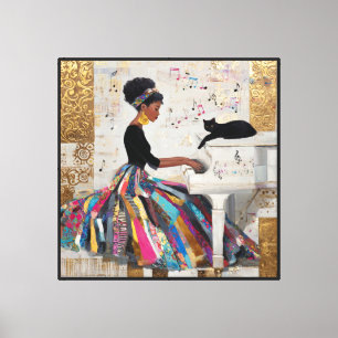 Toile Pianiste noire en feuille d'or et chat