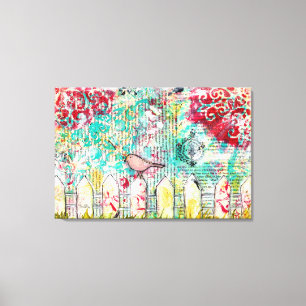 Toile Picket d'Oiseaux et blanc clôture de médias mixtes