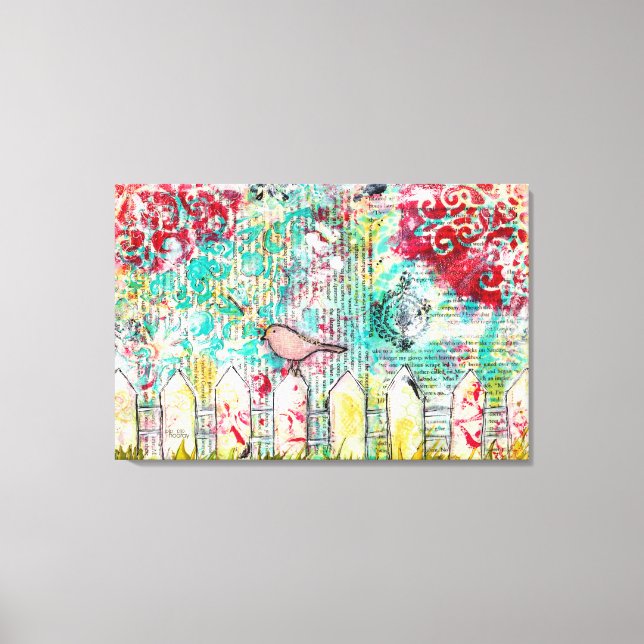 Toile Picket d'Oiseaux et blanc clôture de médias mixtes (Recto)