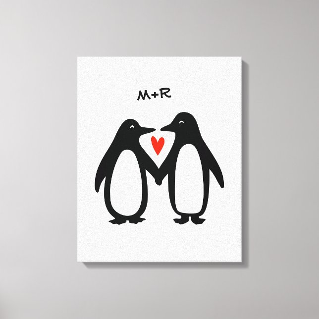Toile Pingouins tenant les mains mignonnes Couple Initia (Recto)