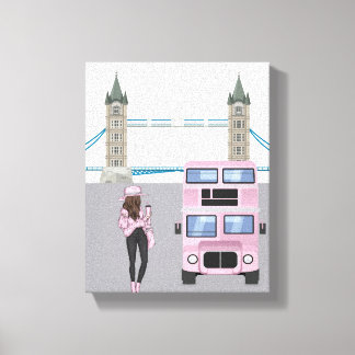 Toile Pink London Bus avec Tower Bridge