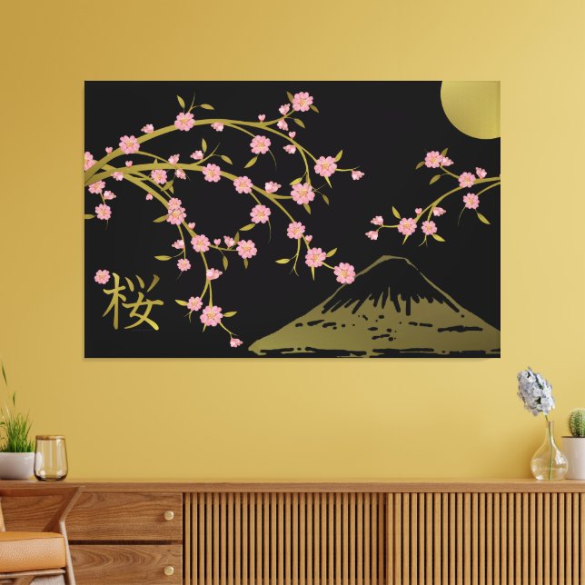 Toile Pink Sakura Gold Black Japanese Screen Poster (Insitu(Salon))