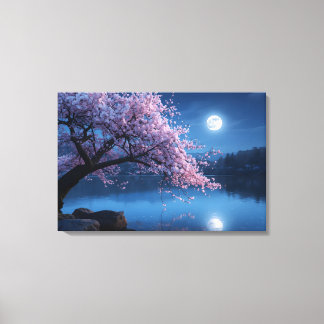 Toile Pink Sakura Tree & Full Moon Night Canvas Print