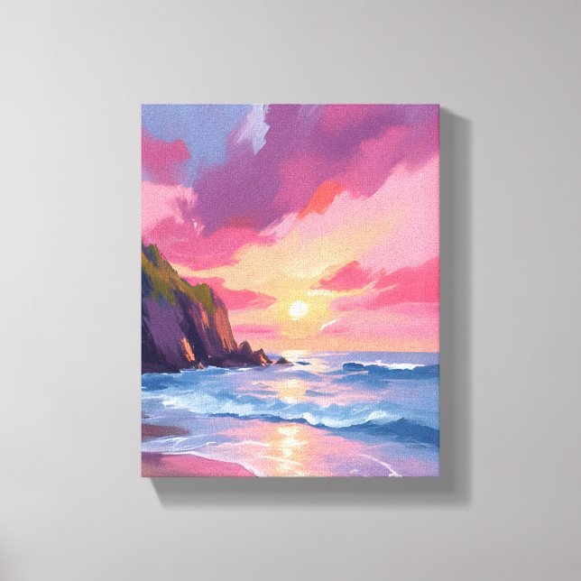 Toile Pink Sunset Ocean Beach Waves Watercolor (Recto)