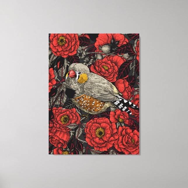 Toile Pinson zèbre et rosier rouge (Recto)