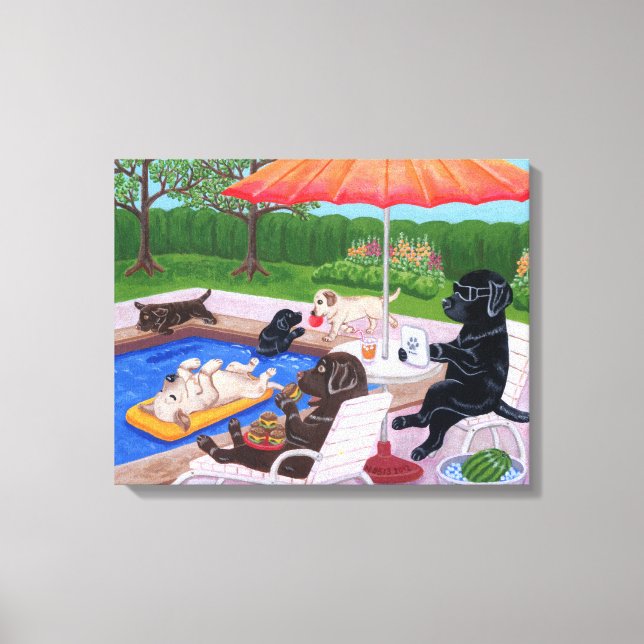 Toile Piscine Party Labradors 2 Painting (Recto)