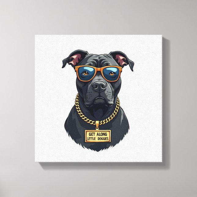 Toile Pitbull Cool Rétro en Lunettes de Soleil avec Chaî (Recto)