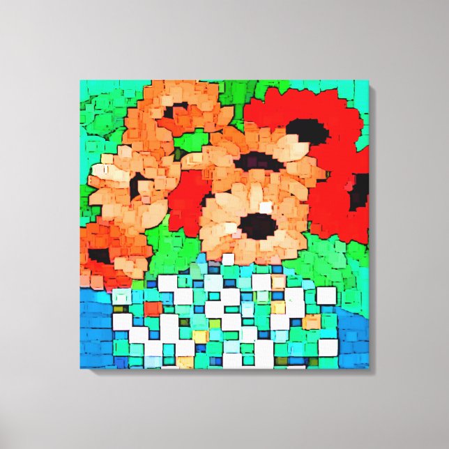 Toile Pixel Art Enveloppé Orange Fleurs Rouges (Recto)