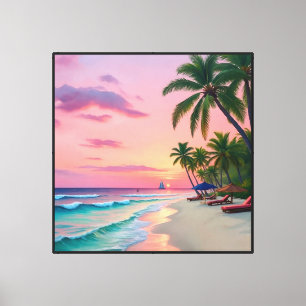 Toile Plage au coucher du soleil tropical avec palmiers