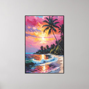 Toile Plage au coucher du soleil tropical avec palmiers