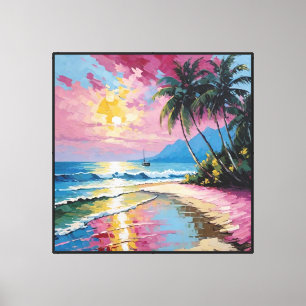 Toile Plage au coucher du soleil tropical avec palmiers