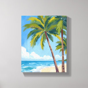Toile Plage aux palmiers Ciel bleu aquarelle tropicale