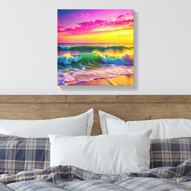 Toile Plage aux vagues de l'océan jaune et rose Vibrant (Insitu(Chambre))