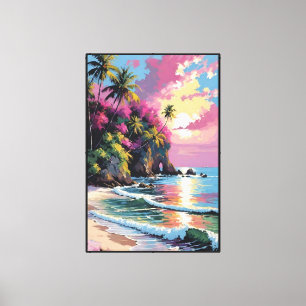 Toile Plage Tropicale au Coucher du Soleil avec Palmiers