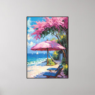Toile Plage tropicale avec chaises longues et parasol