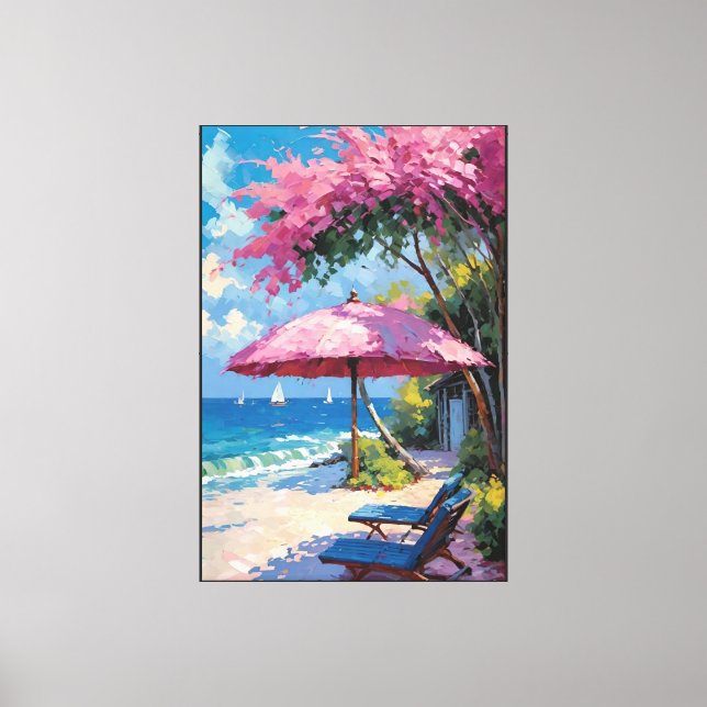 Toile Plage tropicale avec chaises longues et parasol (Recto)