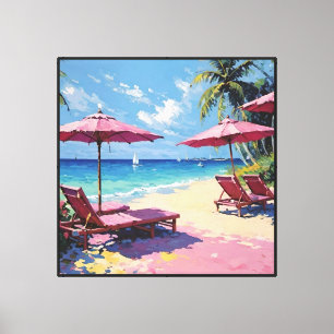 Toile Plage tropicale avec palmiers et parasols roses