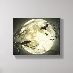 Toile Pleine lune avec chauves-souris et corbeau.