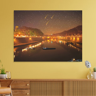 Toile Pont sur Tibre la nuit avec bateaux et étoiles