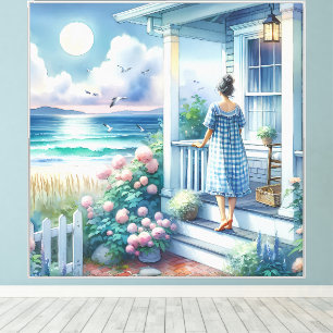 Toile Porche de cottage au clair de lune au bord de la m