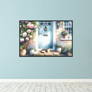 Toile Porche Floral Cottagecore avec Chat Calicot