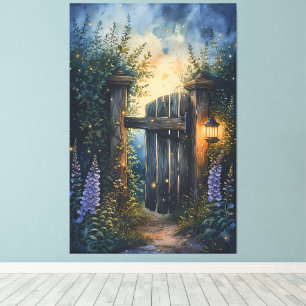 Toile Porte de jardin enchanté sous un ciel de lucioles