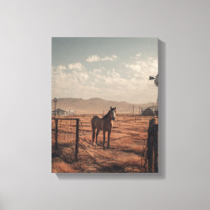 Toile Porte de Ranch Rustique Cheval au Coucher de Solei