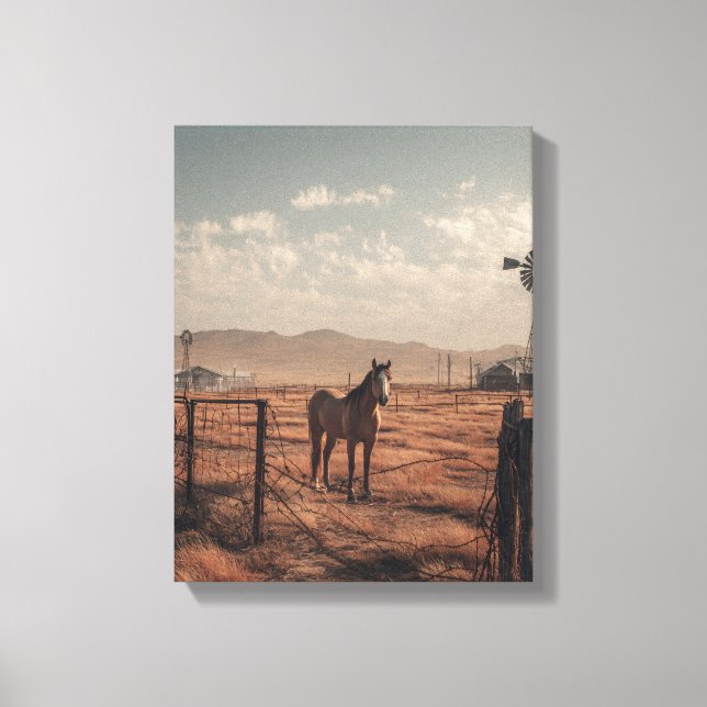 Toile Porte de Ranch Rustique Cheval au Coucher de Solei (Recto)