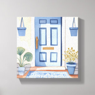 Toile Porte d'entrée bleue Peinture aquarelle de maiso