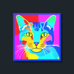 Toile Portrait de chat Pop Art multicolore<br><div class="desc">Toile dans un style rétro,  pop art,  portrait de chat dans des couleurs vives,  couleurs primaires de magenta,  cyan,  bleu et jaune</div>