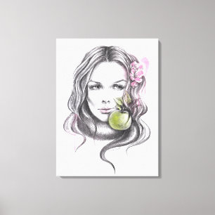 Toile Portrait de femme avec pomme et fleur Art Surreal