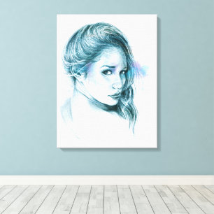 Toile Portrait de fille au crayon art Bleu