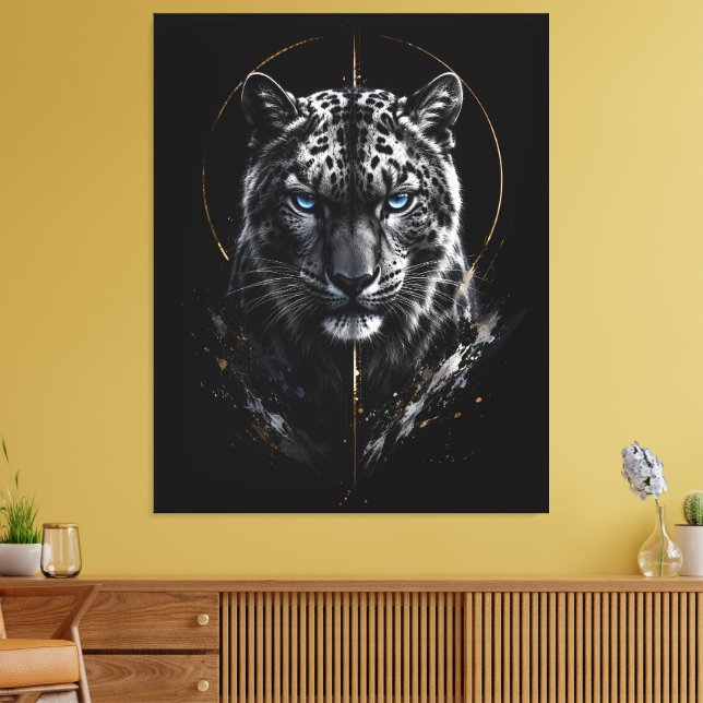 Toile Portrait de Léopard des Neiges Blanc | Yeux Bleus  (Insitu(Salon))